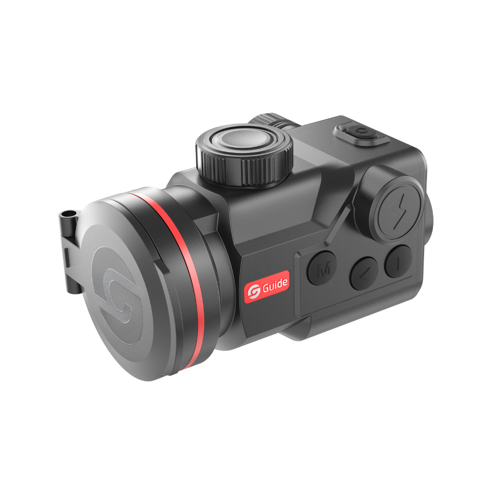 Guide TB650P 2.0 thermal clip-on three-quarter front view with the lens cap closed