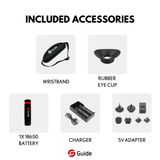 Guide TD 653L included accessories: hand strap, rubber eye cup, 18650 battery, charger, and 5V power adapter
