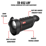 Guide TD 653L feature callout diagram highlighting 50mm F1.0 lens, 640x512 sensor, built-in LRF, and one-handed focus