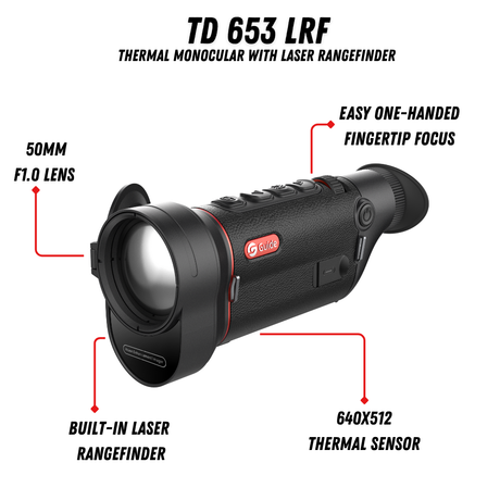 Guide TD 653L feature callout diagram highlighting 50mm F1.0 lens, 640x512 sensor, built-in LRF, and one-handed focus