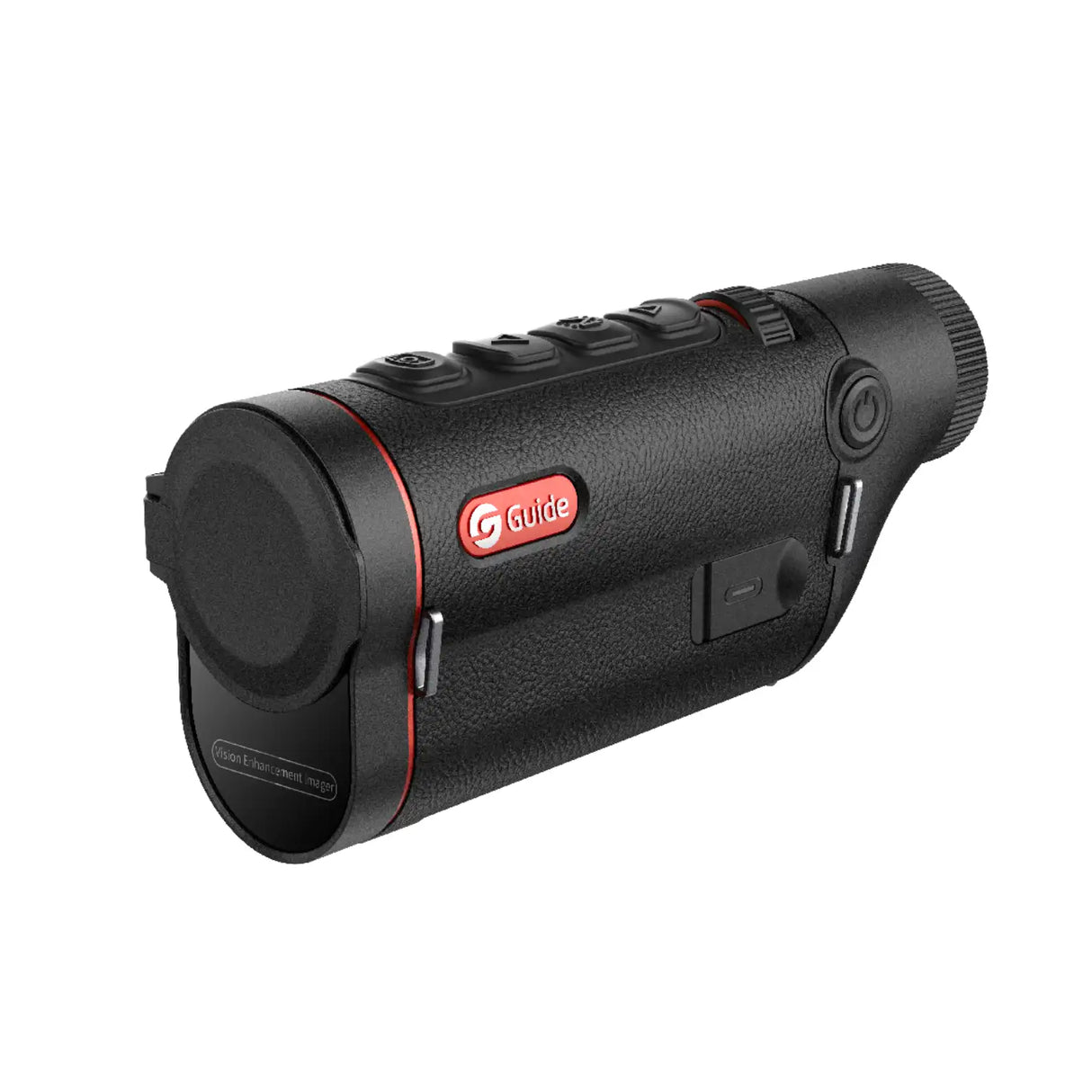 Guide TD433 thermal monocular side profile showing the focus knob, mode buttons, and 0.36 inch AMOLED eyepiece
