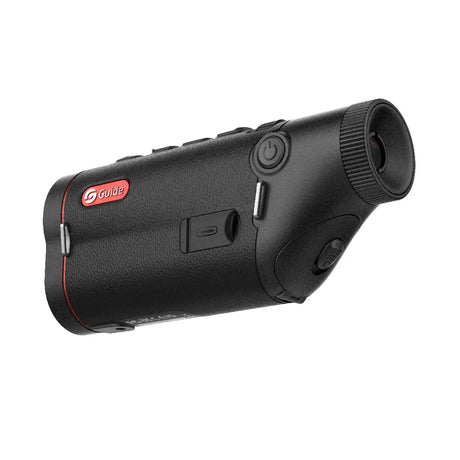 Guide TD433 thermal monocular top view showing the focus roller and mode button layout for one-handed control