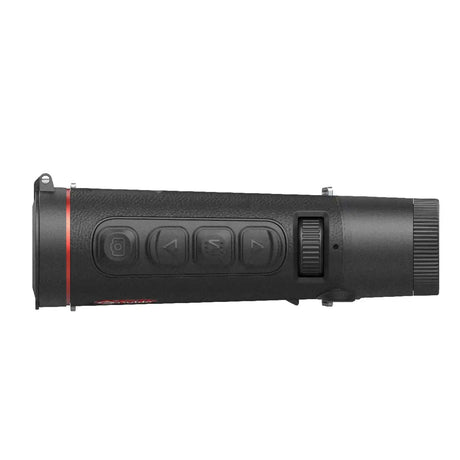 Guide TD433 thermal monocular feature callout showing the 400x300 12 micron sensor, 35mm F1.0 lens, 12-hour battery, and weatherproof IP67 housing
