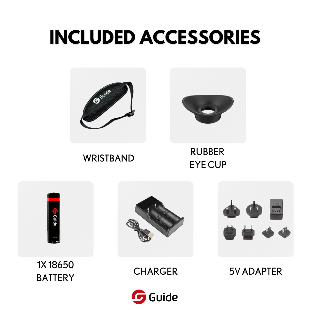 Guide TD 633L included accessories: hand strap, rubber eye cup, 18650 battery, charger, and 5V adapter