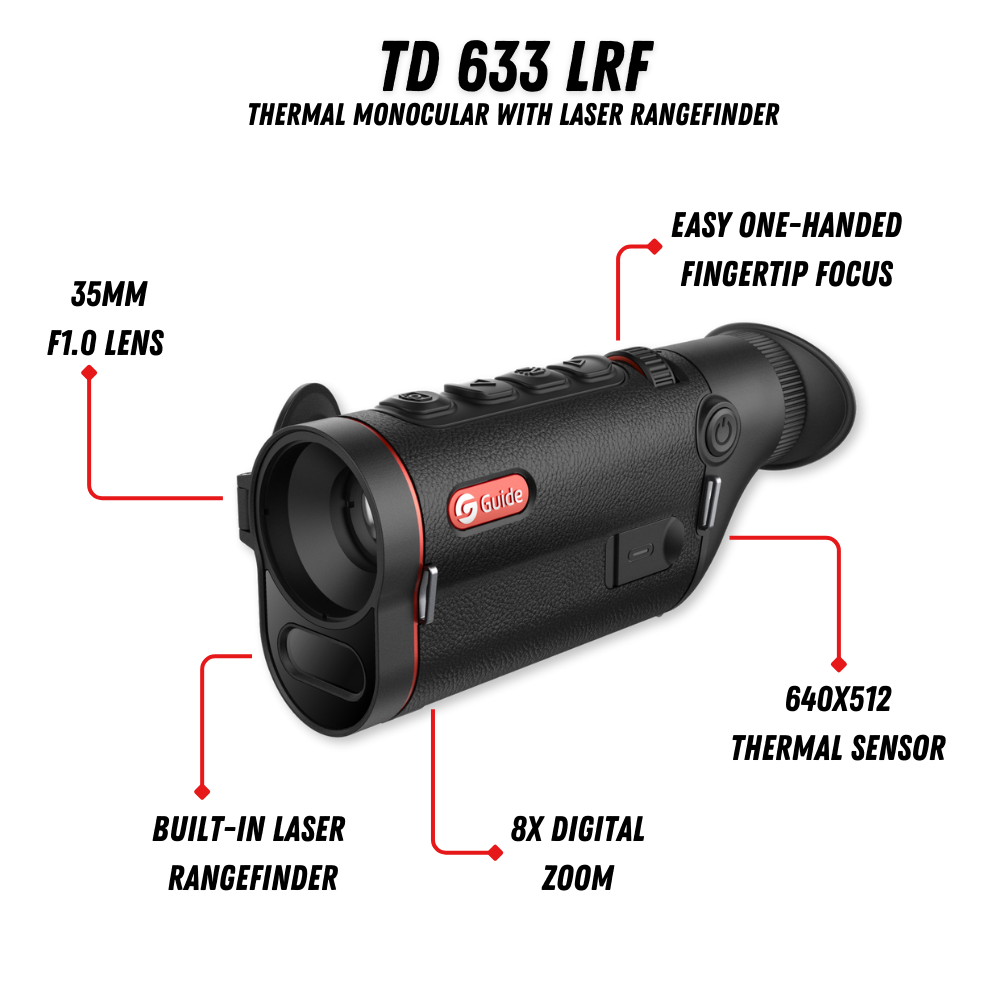 Guide TD 633L thermal monocular front view showing 35mm germanium lens and LRF emitter