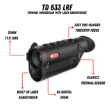 Guide TD 633L thermal monocular front view showing 35mm germanium lens and LRF emitter