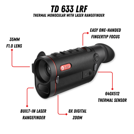 Guide TD 633L thermal monocular front view showing 35mm germanium lens and LRF emitter