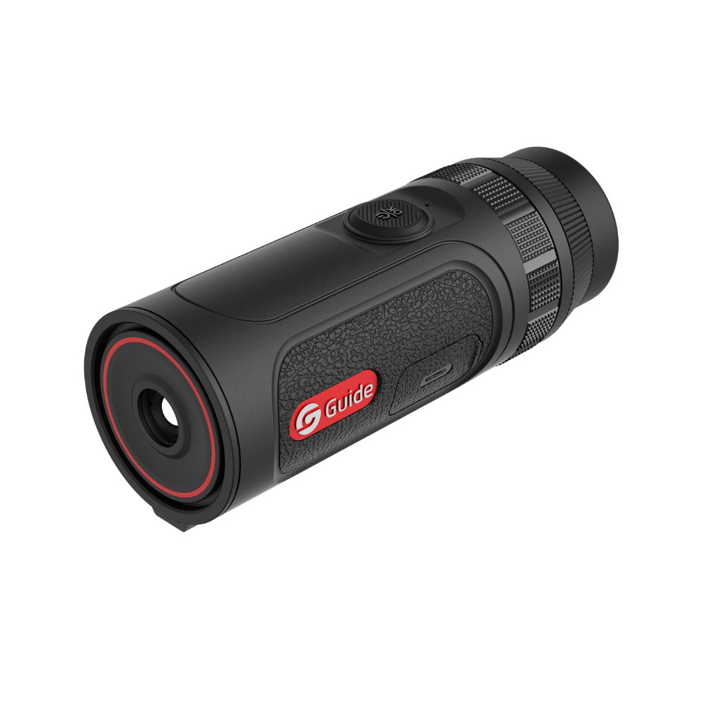 Guide TE211 pocket thermal monocular three-quarter view showing the 10mm objective lens and ultra-compact chassis