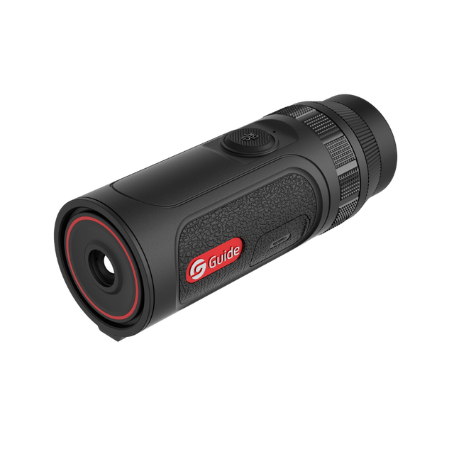 Guide TE211 pocket thermal monocular three-quarter view showing the 10mm objective lens and ultra-compact chassis