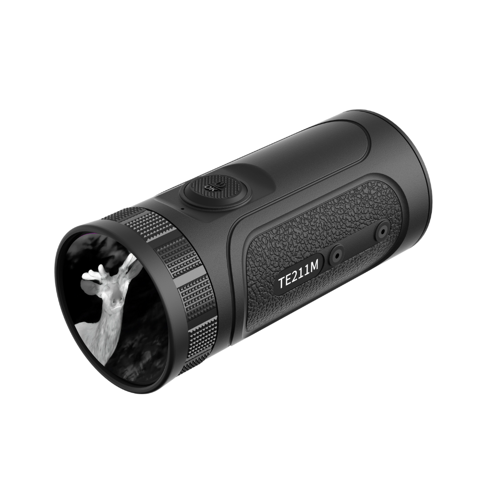 Guide TE211M touchscreen thermal monocular three-quarter view showing the 1.43 inch AMOLED touchscreen display and 10mm objective lens