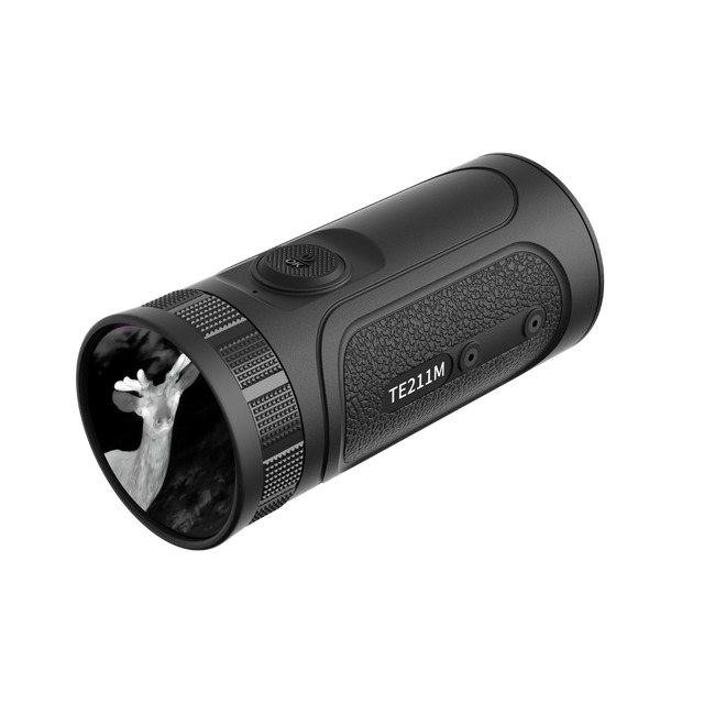 Guide TE211M touchscreen thermal monocular three-quarter view showing the 1.43 inch AMOLED touchscreen display and 10mm objective lens