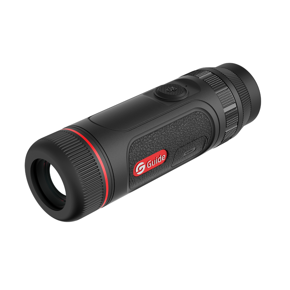 Guide TE421 compact thermal monocular three-quarter view showing the 25mm objective lens and pocket-sized chassis