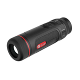 Guide TE421 compact thermal monocular three-quarter view showing the 25mm objective lens and pocket-sized chassis