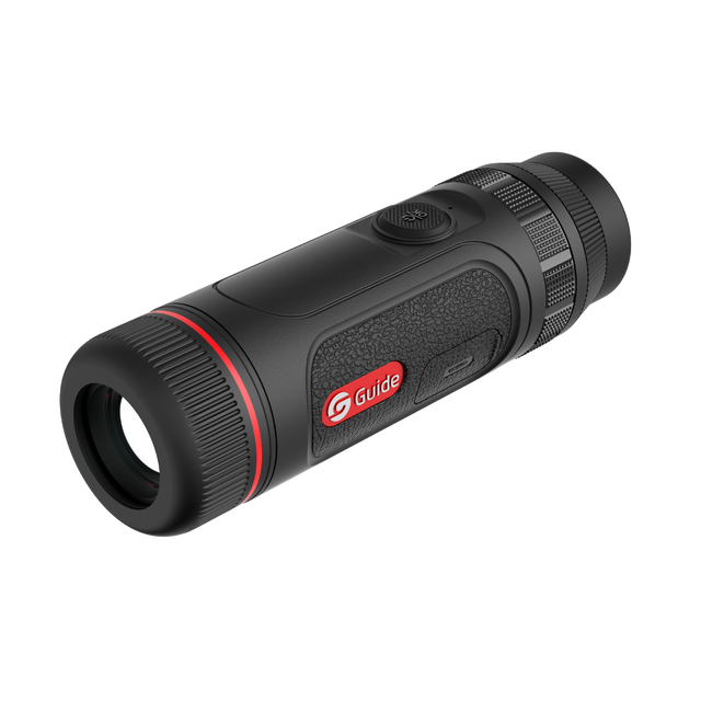 Guide TE421 compact thermal monocular three-quarter view showing the 25mm objective lens and pocket-sized chassis