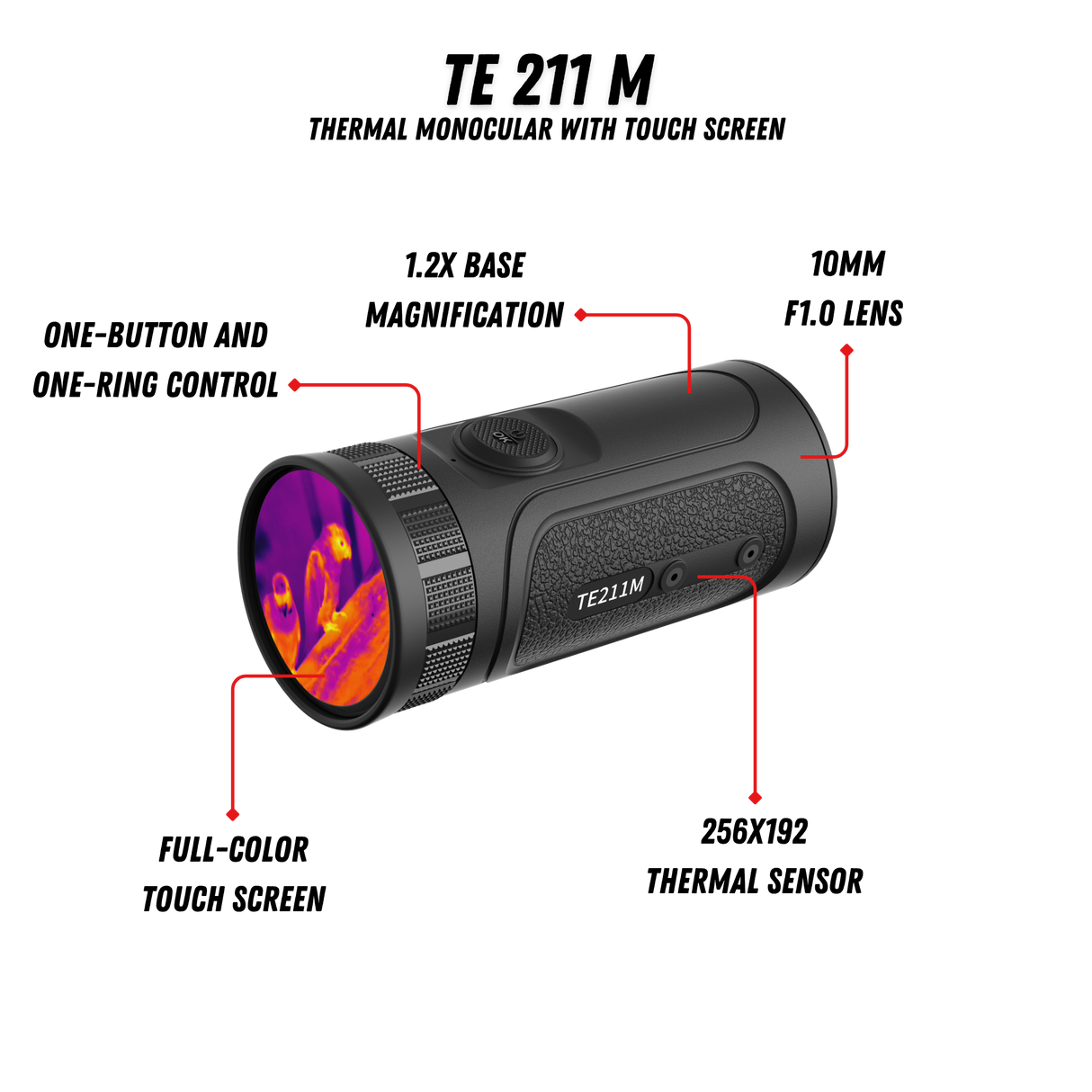 Guide TE211M feature callout showing the touchscreen interface, 256x192 12 micron sensor, 6-hour battery with 20W quick-charge, and pocket-sized 205 gram form factor