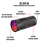 Guide TE211M feature callout showing the touchscreen interface, 256x192 12 micron sensor, 6-hour battery with 20W quick-charge, and pocket-sized 205 gram form factor