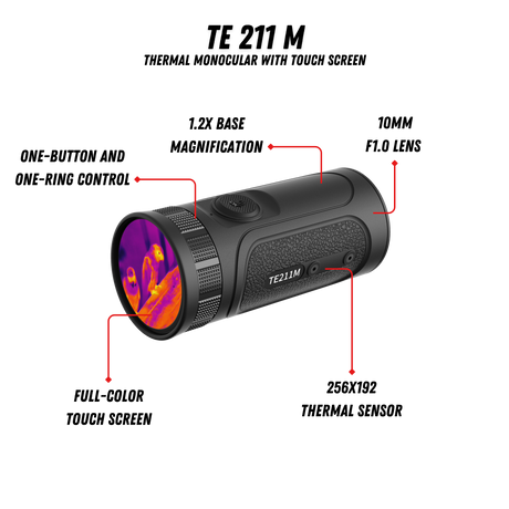 Guide TE211M feature callout showing the touchscreen interface, 256x192 12 micron sensor, 6-hour battery with 20W quick-charge, and pocket-sized 205 gram form factor
