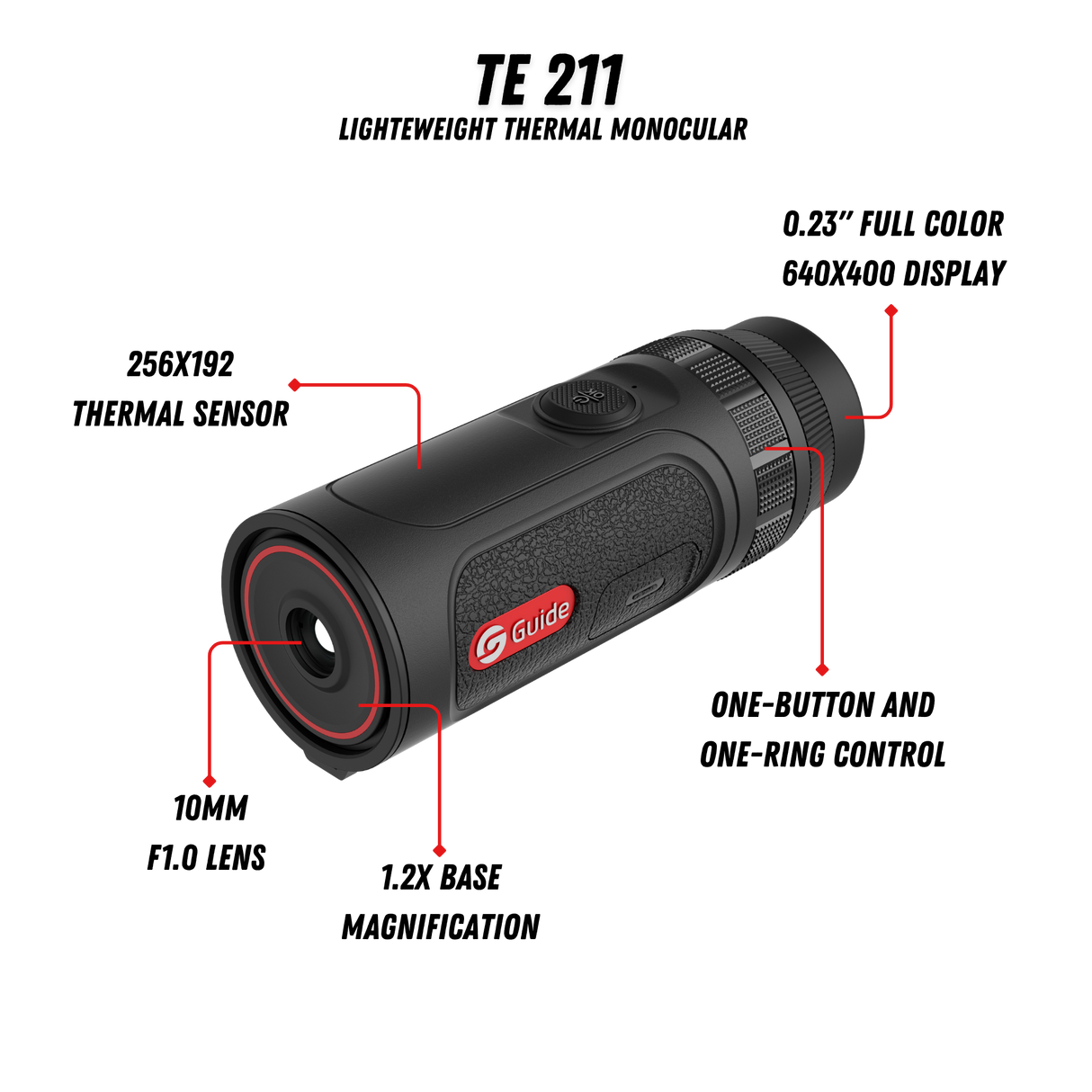 Guide TE211 feature callout showing the 256x192 12 micron sensor, 10mm F1.0 lens, 0.32 inch AMOLED, and 6-hour battery with quick-charge