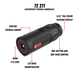 Guide TE211 feature callout showing the 256x192 12 micron sensor, 10mm F1.0 lens, 0.32 inch AMOLED, and 6-hour battery with quick-charge