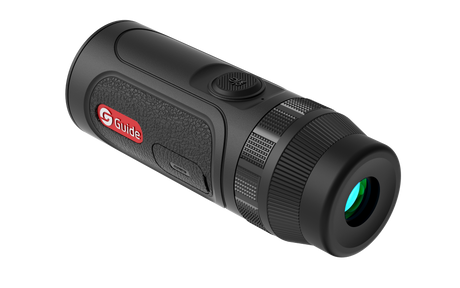 Guide TE211 thermal monocular side profile showing the eyepiece and palm-sized form factor