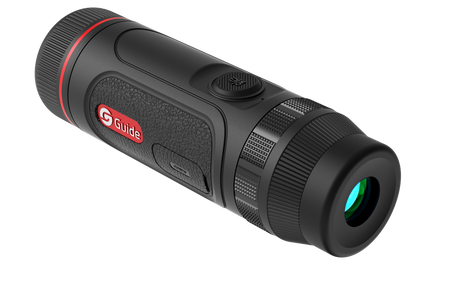 Guide TE421 thermal monocular side profile showing the eyepiece and ergonomic compact body