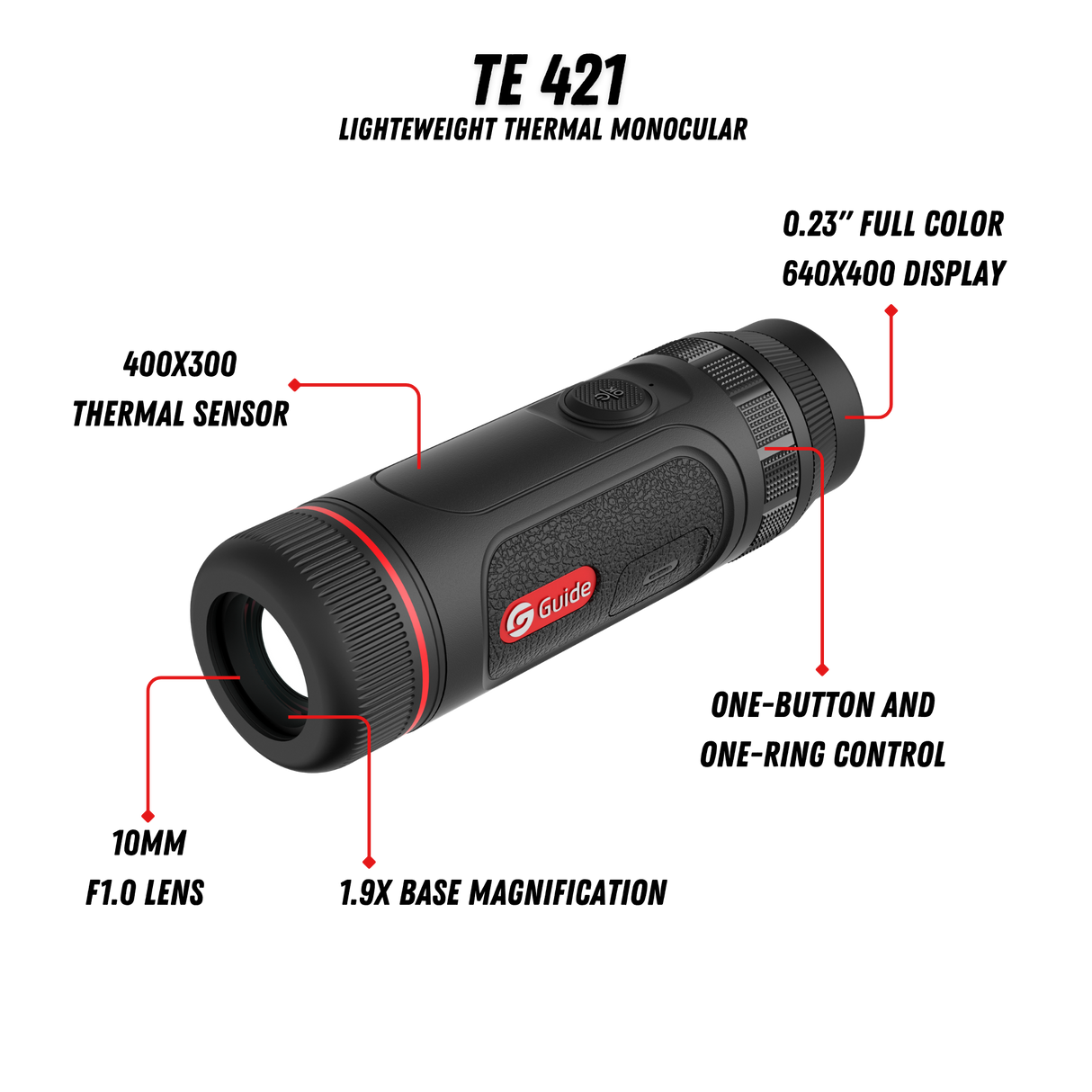 Guide TE421 feature callout showing the 400x300 12 micron sensor, 25mm F1.0 lens, 800x600 AMOLED display, and 1,400 yard detection range