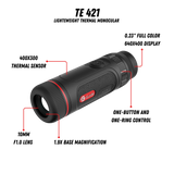 Guide TE421 feature callout showing the 400x300 12 micron sensor, 25mm F1.0 lens, 800x600 AMOLED display, and 1,400 yard detection range
