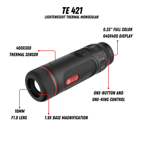 Guide TE421 feature callout showing the 400x300 12 micron sensor, 25mm F1.0 lens, 800x600 AMOLED display, and 1,400 yard detection range