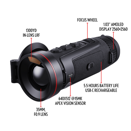 Guide Kodiak TK635L 3.0 side profile showing the battery compartment door and the eyepiece diopter ring