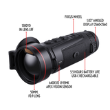 Guide Kodiak TK650L 3.0 feature callout diagram labeling the 50mm F0.9 lens, 640x512 sensor, laser rangefinder, focus wheel, 1.03-inch AMOLED display and USB-C rechargeable battery