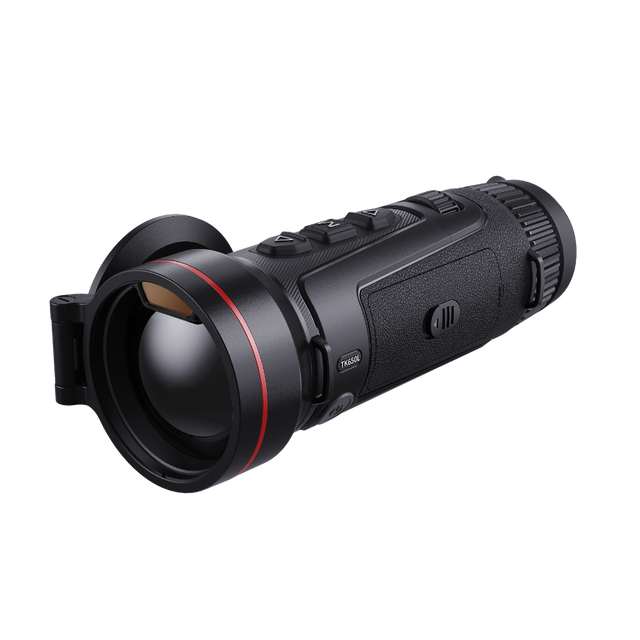 Guide Kodiak TK650L 3.0 thermal monocular, three-quarter front view with the lens cap open on the 50mm F0.9 objective