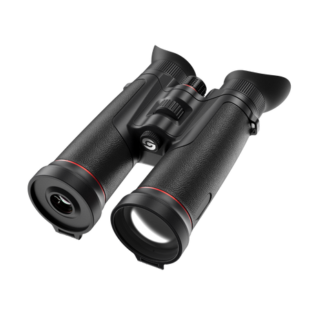 Guide TN650L thermal binocular three-quarter view showing the dual 50mm objective lenses, integrated laser rangefinder, and slim binocular housing