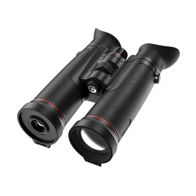 Guide TN650L thermal binocular three-quarter view showing the dual 50mm objective lenses, integrated laser rangefinder, and slim binocular housing