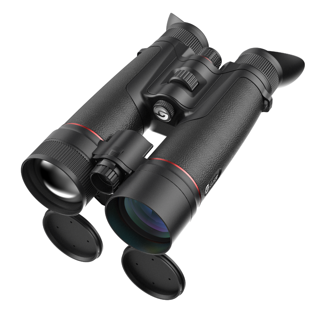Guide TN650M Muo 2.0 thermal and 4K night vision binocular three-quarter view showing the dual-sensor objective lens array, integrated laser rangefinder, and slim binocular housing