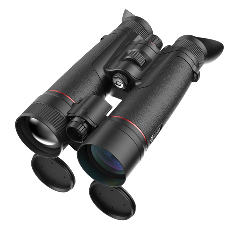 Guide TN650M Muo 2.0 thermal and 4K night vision binocular three-quarter view showing the dual-sensor objective lens array, integrated laser rangefinder, and slim binocular housing