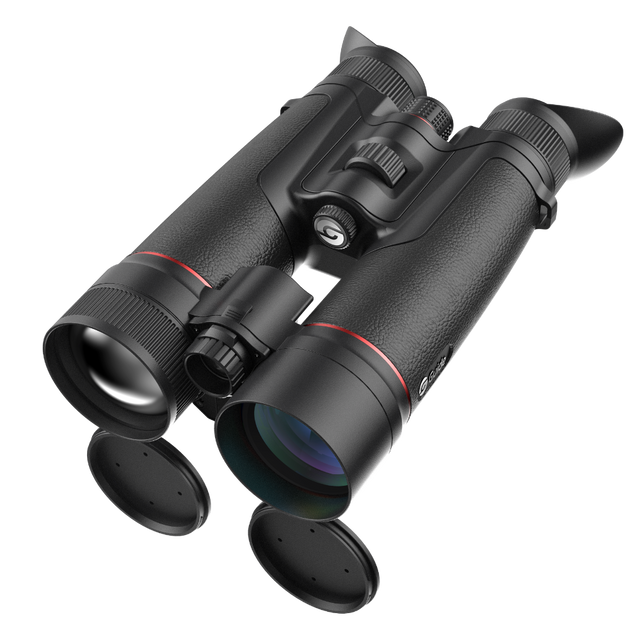 Guide TN650M Muo 2.0 thermal and 4K night vision binocular three-quarter view showing the dual-sensor objective lens array, integrated laser rangefinder, and slim binocular housing