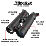 Guide TN650M feature callout showing the dual-sensor architecture: 640x512 12 micron thermal sensor plus 4K (3840x2160) low-light night vision sensor, 1,500m laser rangefinder, and 128GB recording