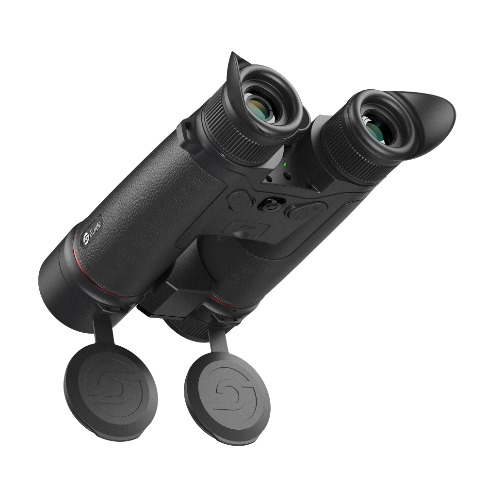 Guide TN650M Muo 2.0 binocular front view showing the 50mm thermal objective and 70mm F1.8 night vision objective lenses side by side
