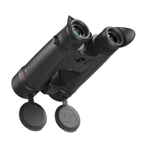 Guide TN650M Muo 2.0 binocular front view showing the 50mm thermal objective and 70mm F1.8 night vision objective lenses side by side
