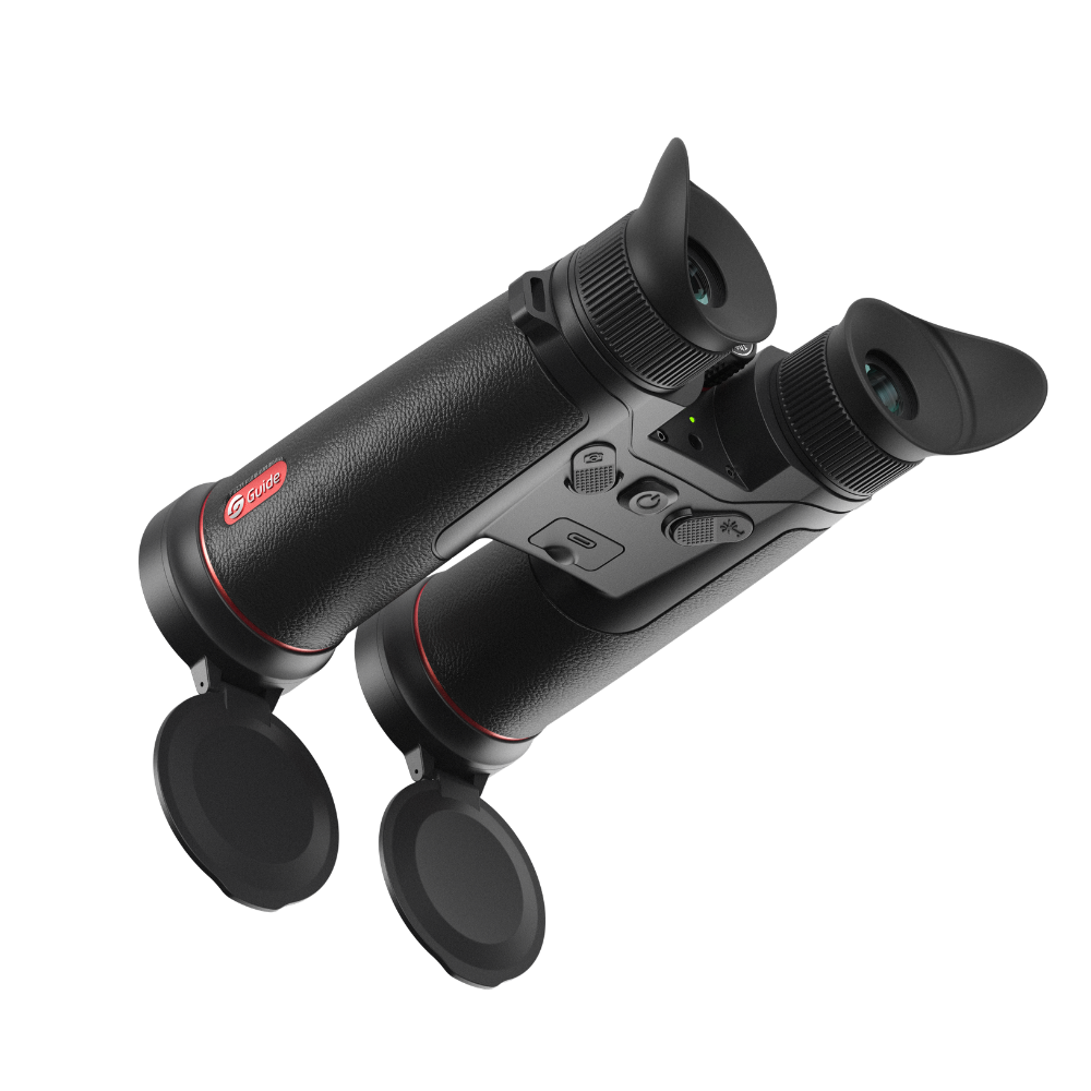 Guide TN650L thermal binocular top view showing the focus knob, mode buttons, and dual eyepieces with diopter adjustment