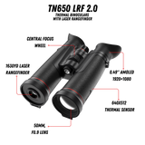 Guide TN650L feature callout showing the 640x512 12 micron thermal sensor, 1,500m laser rangefinder, 128GB recording, and compass plus gyroscope sensors