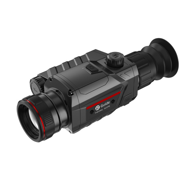 Guide TR 630-A thermal riflescope alternate angle showing eyepiece, control buttons, and Guide branding