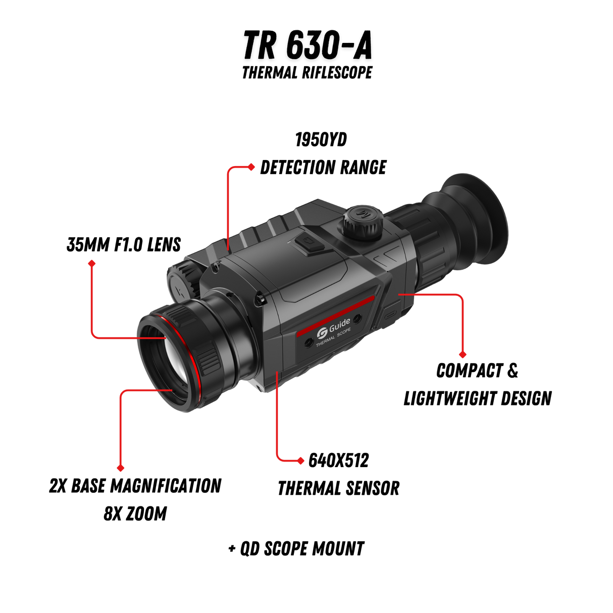 Guide TR 630-A thermal riflescope three-quarter view showing compact 35mm objective lens and ergonomic body design
