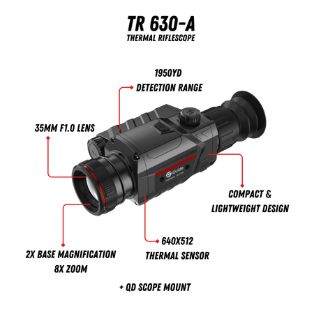 Guide TR 630-A thermal riflescope three-quarter view showing compact 35mm objective lens and ergonomic body design