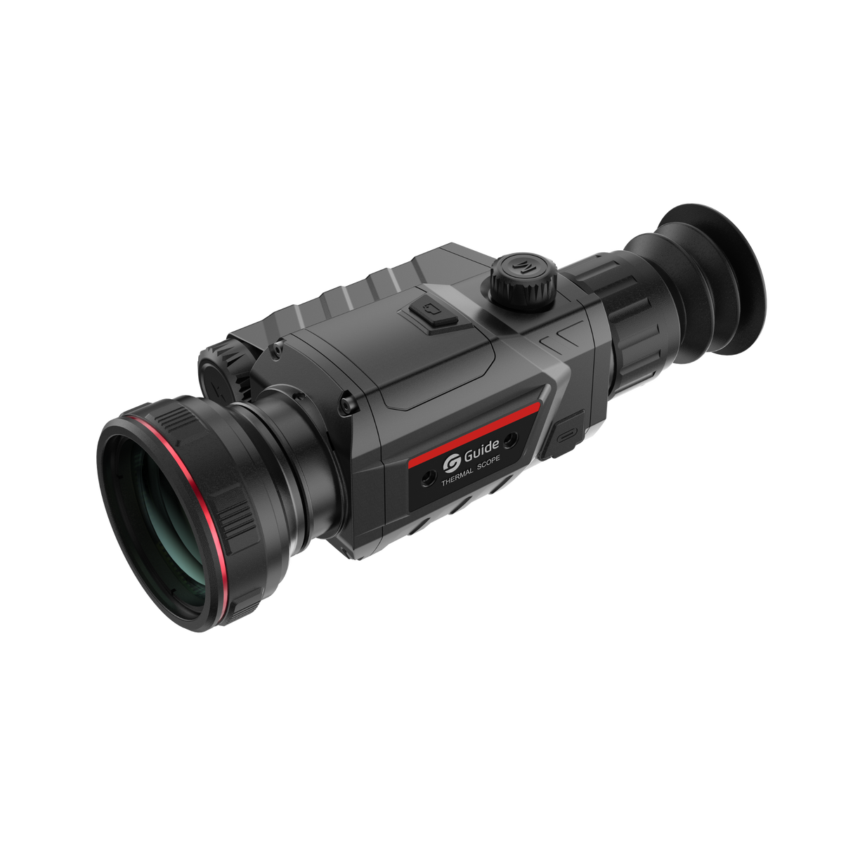 Guide TR 650-A thermal riflescope three-quarter view showing 50mm germanium objective lens, Guide branding, and ergonomic body design