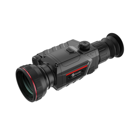 Guide TR 650-A thermal riflescope three-quarter view showing 50mm germanium objective lens, Guide branding, and ergonomic body design