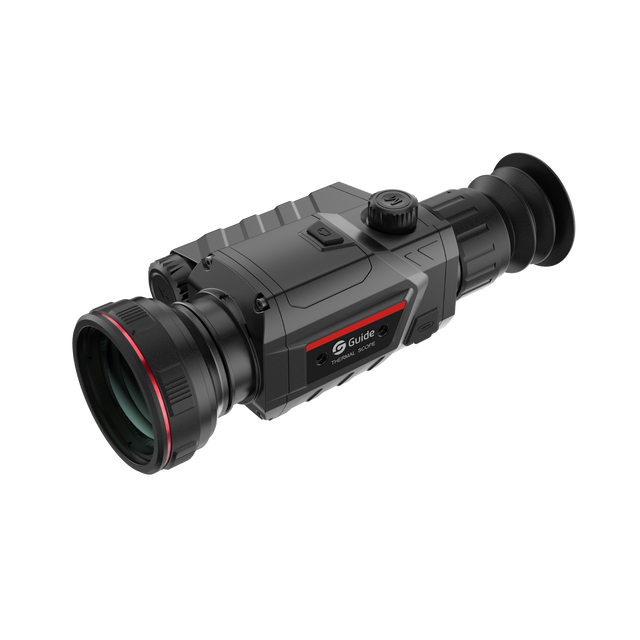 Guide TR 650-A thermal riflescope three-quarter view showing 50mm germanium objective lens, Guide branding, and ergonomic body design