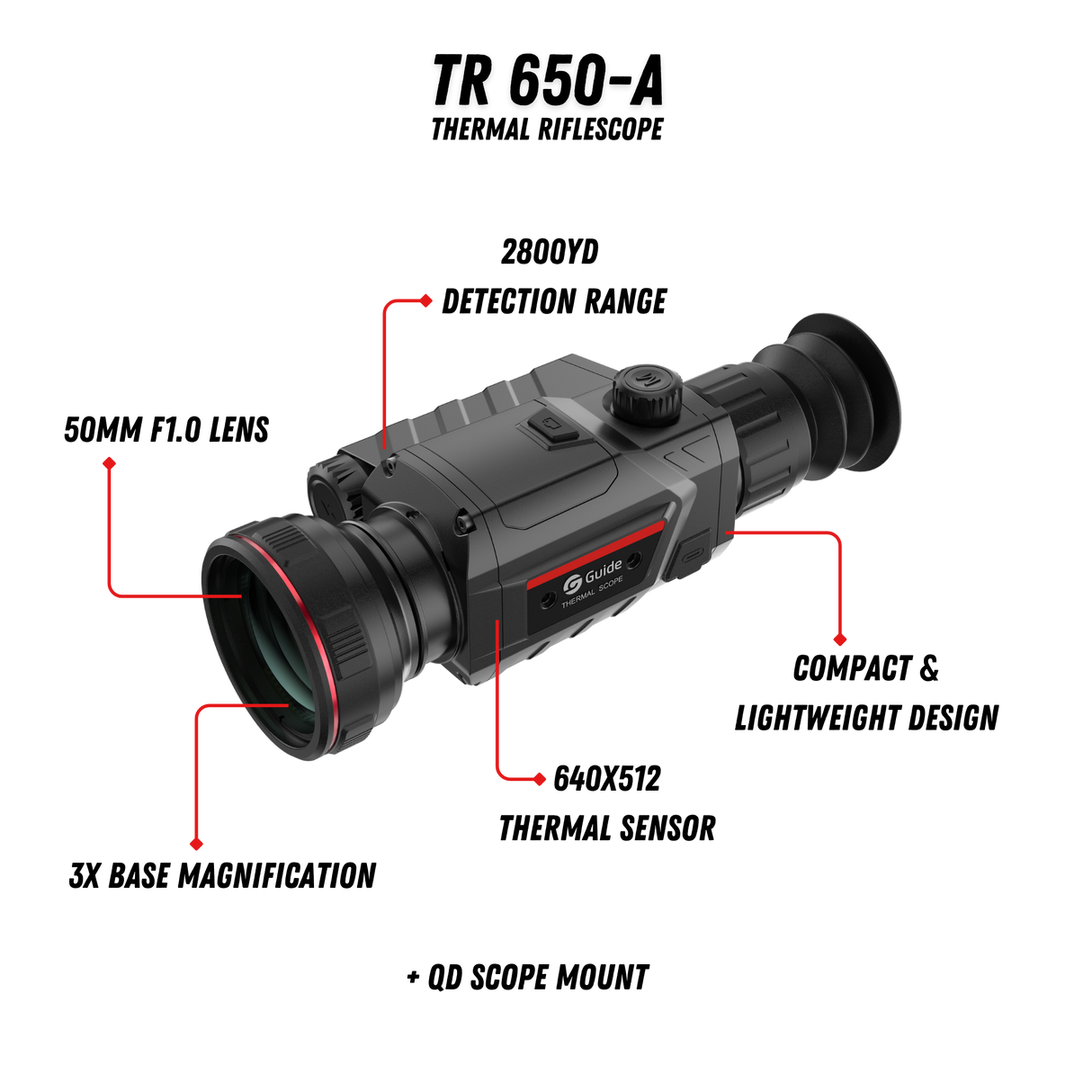 Guide TR 650-A thermal riflescope feature highlights showing 640x512 sensor specs, AMOLED display, and IP67 rating