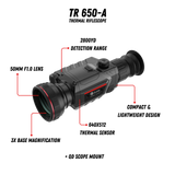 Guide TR 650-A thermal riflescope feature highlights showing 640x512 sensor specs, AMOLED display, and IP67 rating
