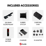 Guide TR 650-A included accessories: quick-release mount, battery charger, 18650 battery, USB-C cable, multi-region adapter, lens cover, and eye mask